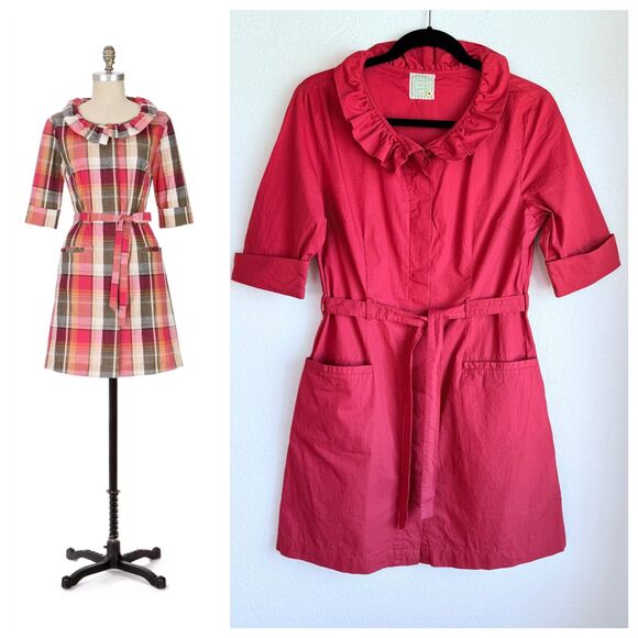 Anthropologie Little Yellow Button With a Flourish Ruffle Neck Red Shirt Dress - Picture 1 of 14